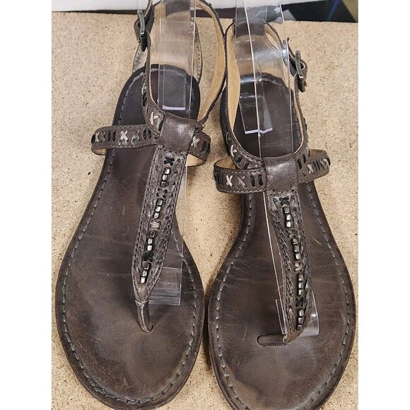 Frye Brown Leather Beaded T Thong Sandals Flats Boho Size Cross stitch - Picture 3 of 16